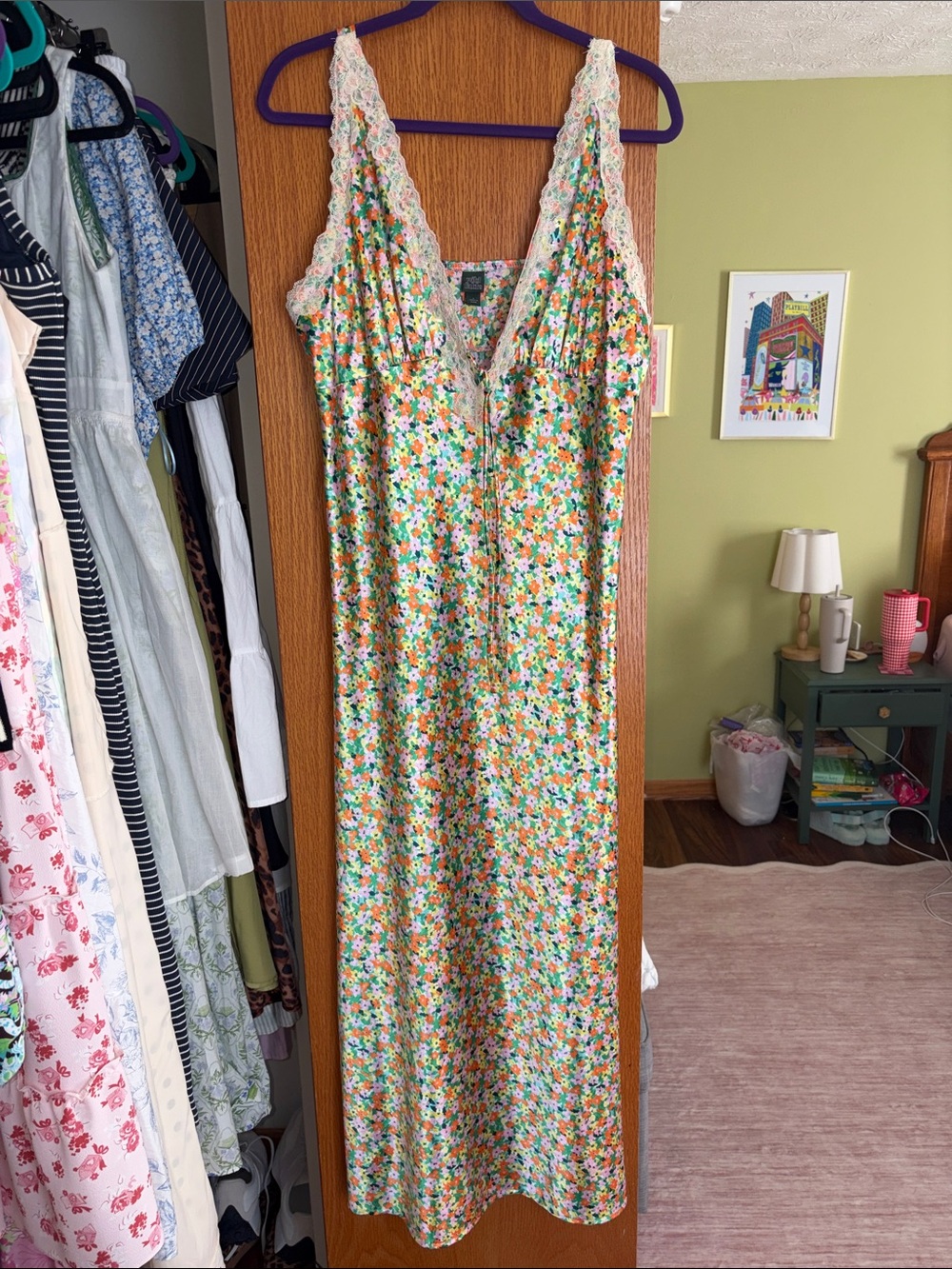 wild fable Floral Maxi Dress with Crochet Trim - White, Green, Orange, Pink